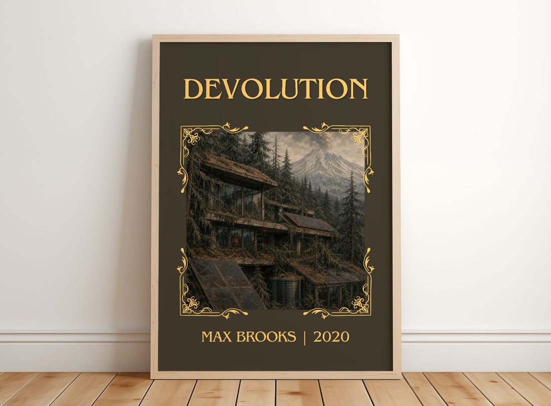 Devolution Classic Book Art Print by Max Brooks – framed print leaning on a wooden floor