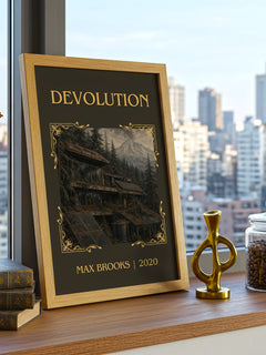 Devolution Classic Book Art Print by Max Brooks – framed print on a city-view windowsill