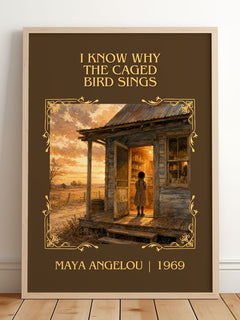 I Know Why The Caged Bird Sings Classic Book Art Print by Maya Angelou – framed print leaning on a wooden floor