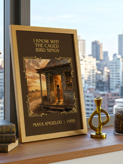 I Know Why The Caged Bird Sings Classic Book Art Print by Maya Angelou – framed print on a city-view windowsill