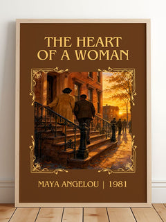 The Heart Of A Woman Classic Book Art Print by Maya Angelou – framed print leaning on a wooden floor
