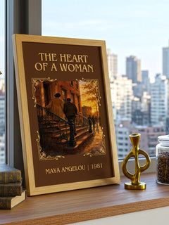The Heart Of A Woman Classic Book Art Print by Maya Angelou – framed print on a city-view windowsill