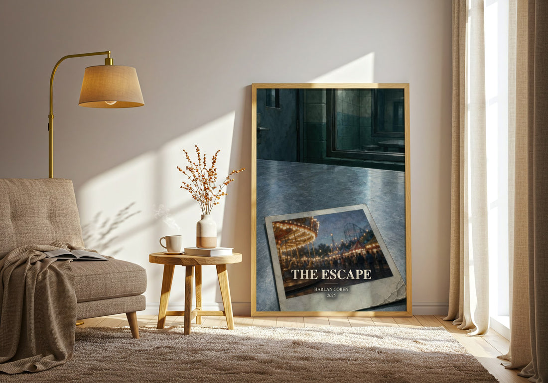 The Escape watercolour print in frame leaning in hallway – thriller wall art (mockup)