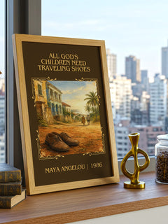 All God's Children Need Traveling Shoes Classic Book Art Print by Maya Angelou – framed print on a city-view windowsill