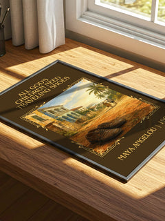 All God's Children Need Traveling Shoes Classic Book Art Print by Maya Angelou – print on a sunlit desk