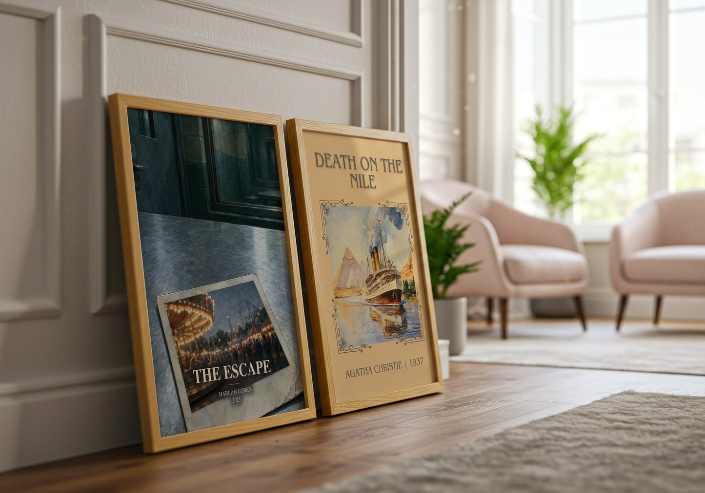 The Escape watercolour print framed by window – literary home decor