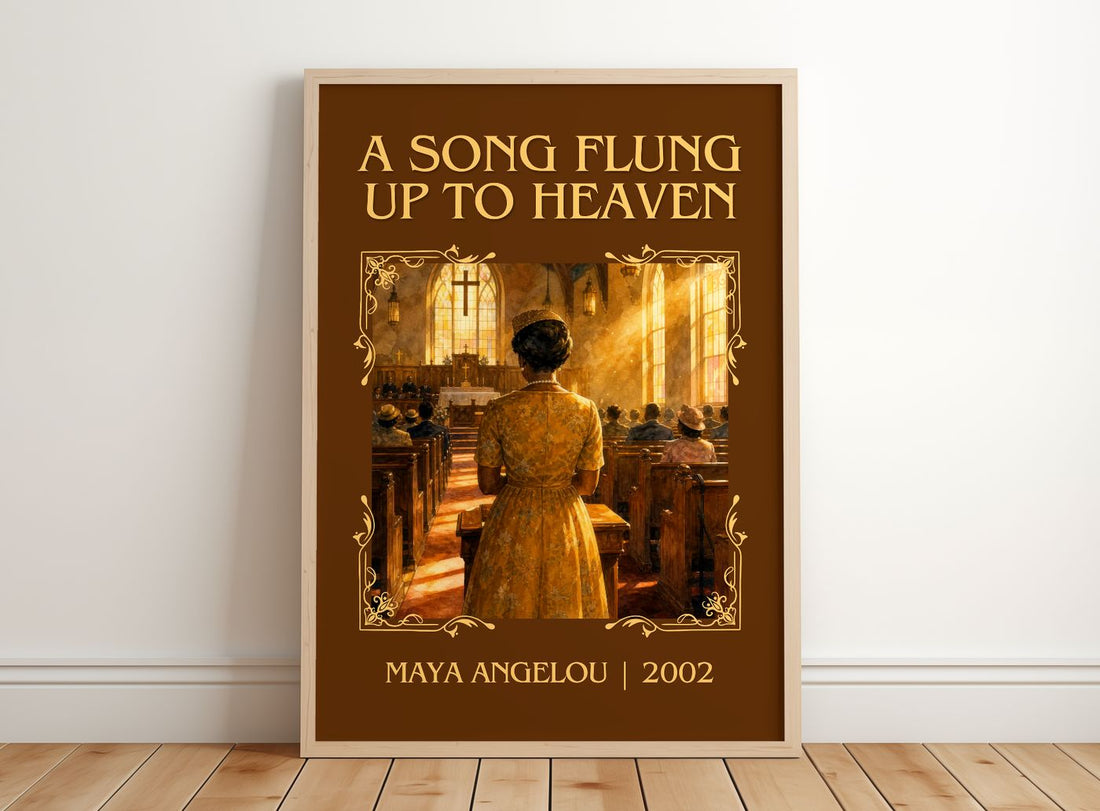 A Song Flung Up To Heaven Classic Book Art Print by Maya Angelou – framed print leaning on a wooden floor