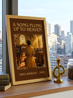 A Song Flung Up To Heaven Classic Book Art Print by Maya Angelou – framed print on a city-view windowsill