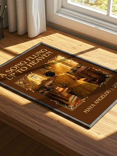 A Song Flung Up To Heaven Classic Book Art Print by Maya Angelou – print on a sunlit desk