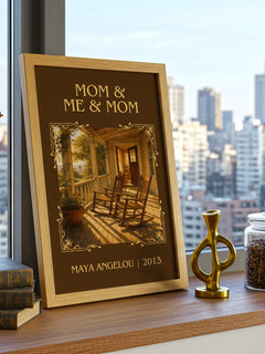 Mom & Me & Mom Classic Book Art Print by Maya Angelou – framed print on a city-view windowsill