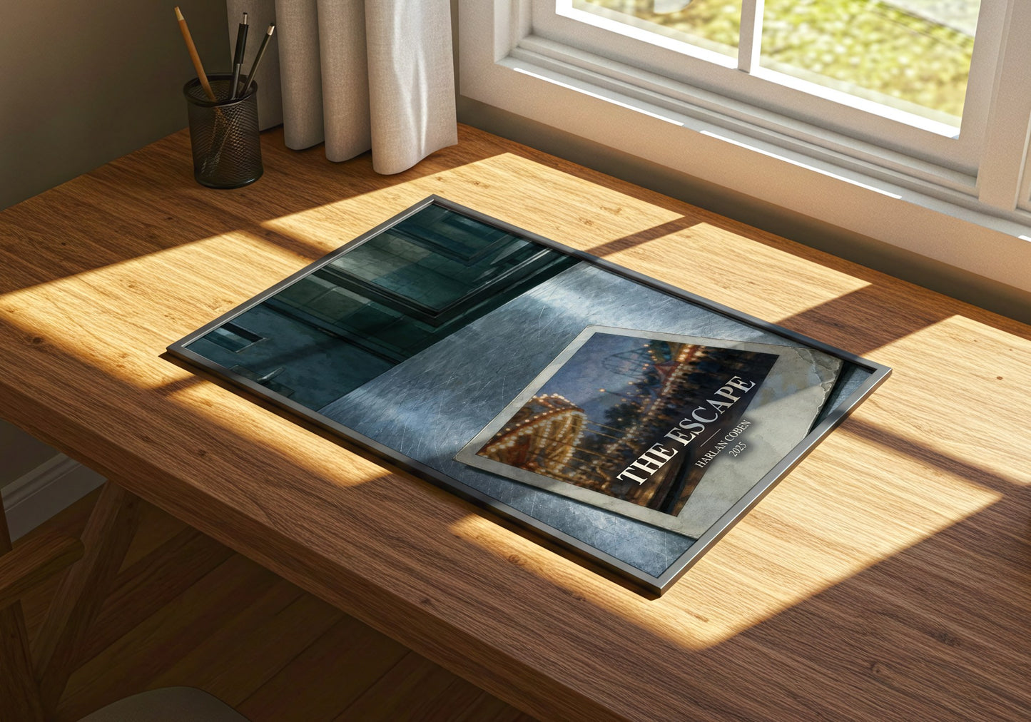 The Escape watercolour book poster framed on wall – thriller wall art