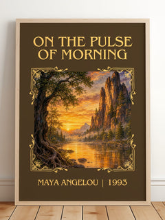 On The Pulse Of Morning Classic Book Art Print by Maya Angelou – framed print leaning on a wooden floor