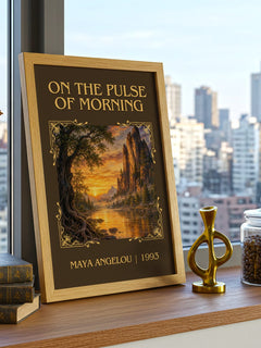 On The Pulse Of Morning Classic Book Art Print by Maya Angelou – framed print on a city-view windowsill