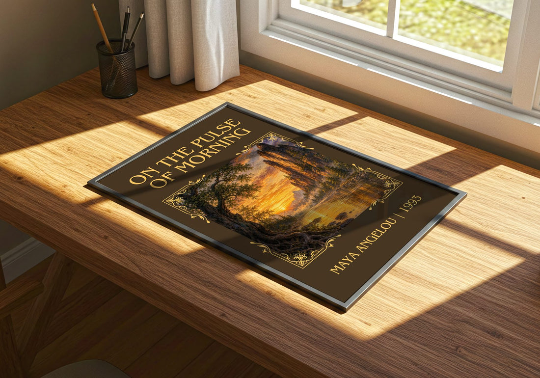 On The Pulse Of Morning Classic Book Art Print by Maya Angelou – print on a sunlit desk