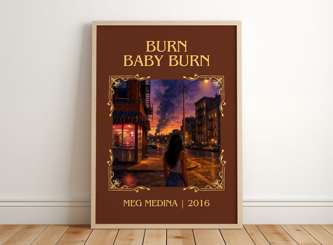 Burn Baby Burn Classic Book Art Print by Meg Medina – framed print leaning on a wooden floor