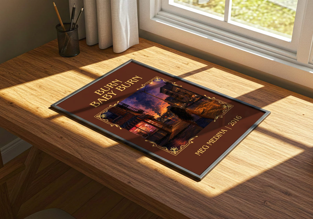 Burn Baby Burn Classic Book Art Print by Meg Medina – print on a sunlit desk
