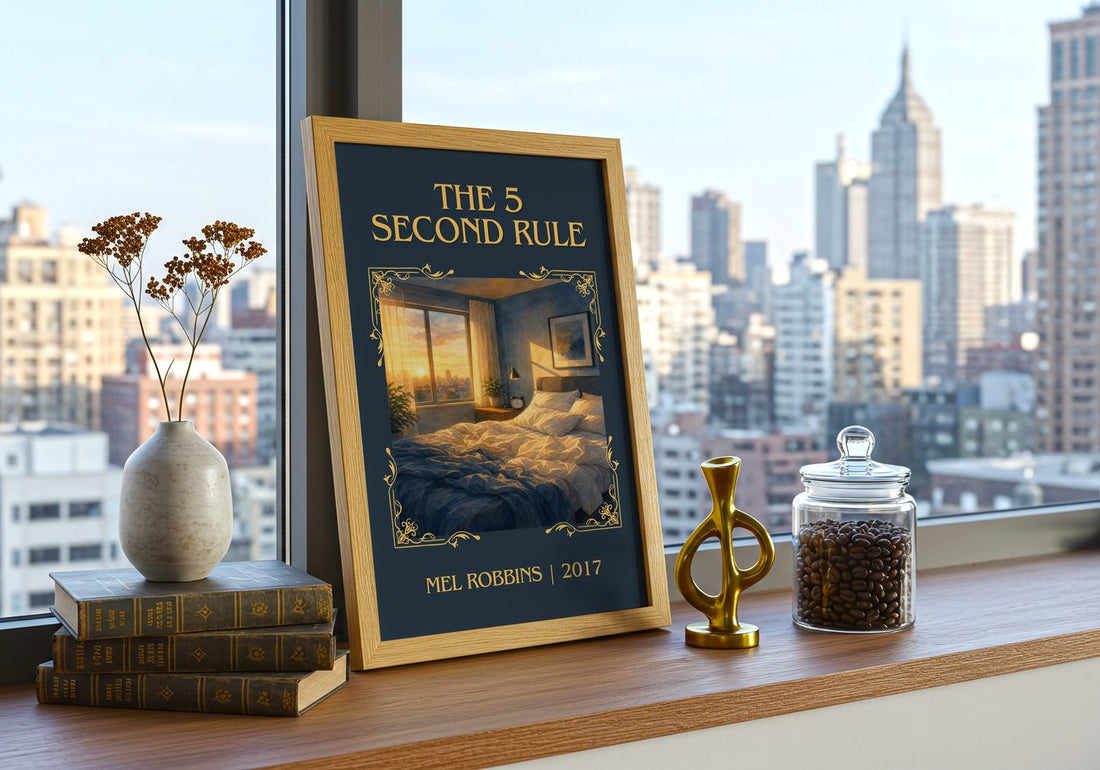 The 5 Second Rule Classic Book Art Print by Mel Robbins – framed print on a city-view windowsill
