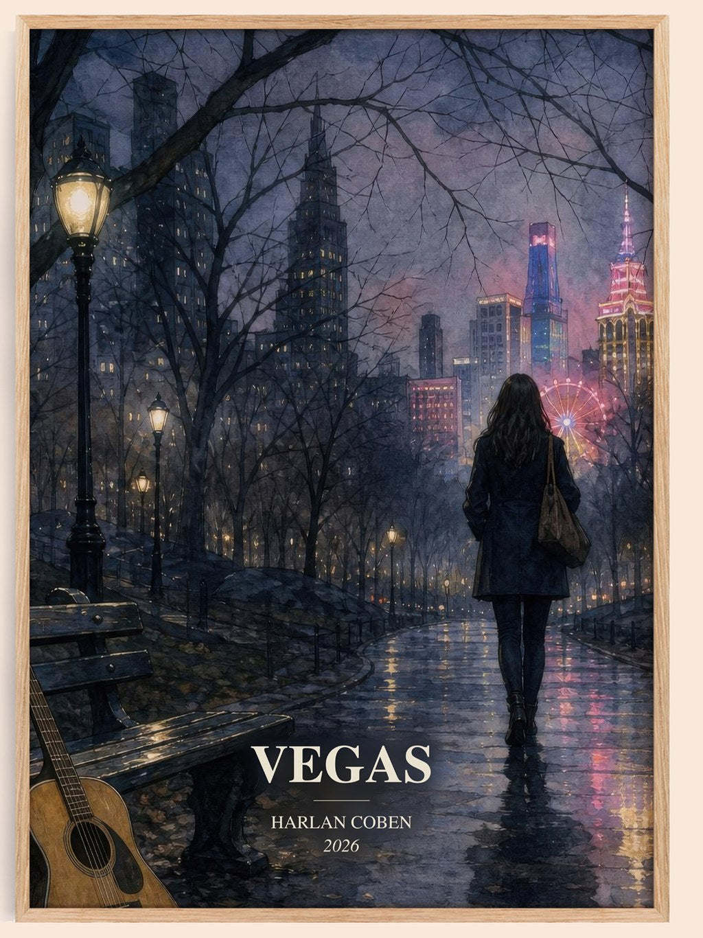 Vegas watercolour book poster by Harlan Coben – framed literary art print