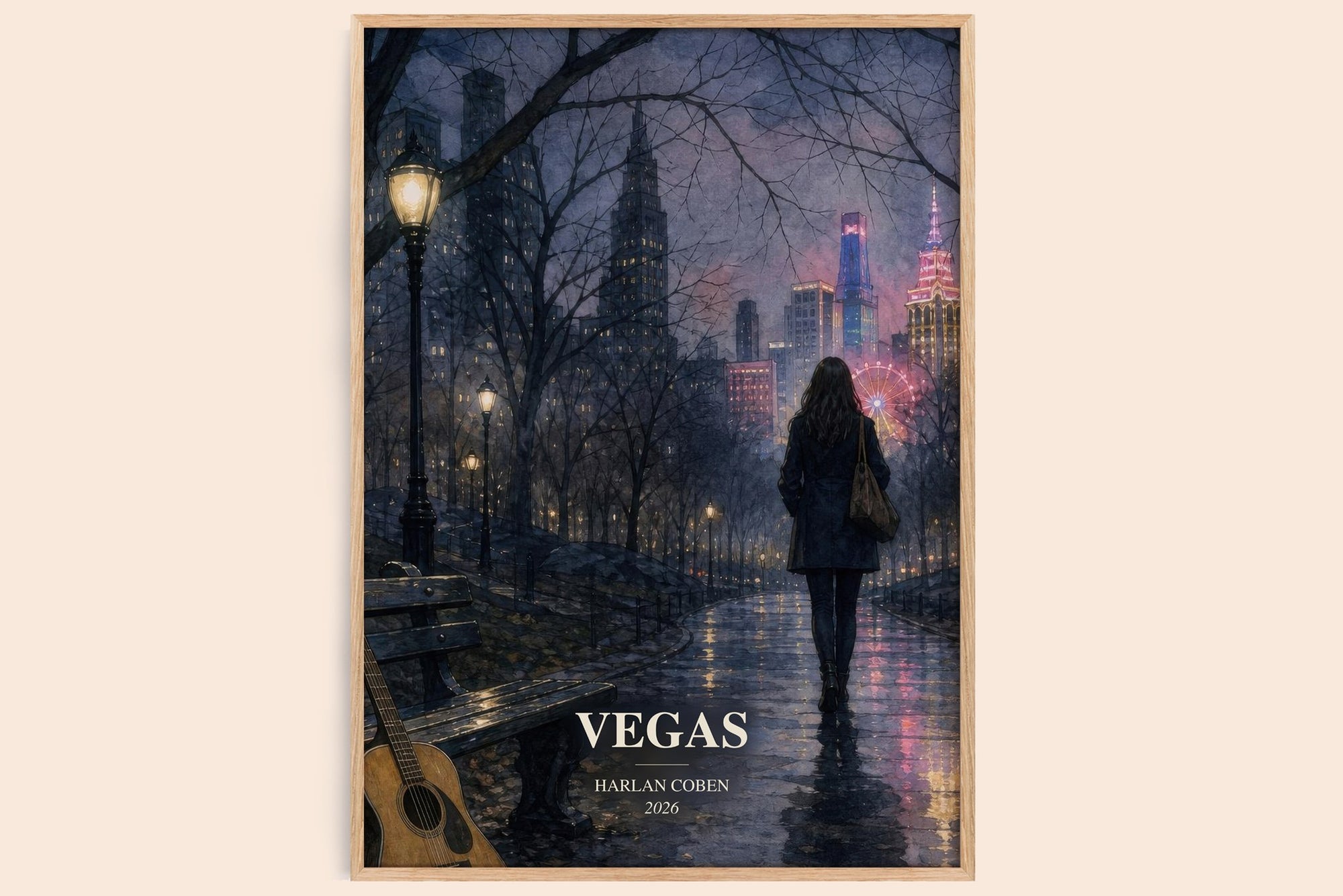Vegas watercolour book poster by Harlan Coben – framed literary art print