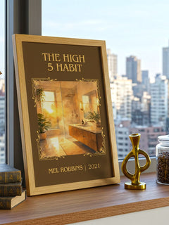 The High 5 Habit Classic Book Art Print by Mel Robbins – framed print on a city-view windowsill