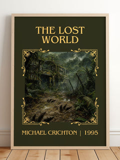 The Lost World Classic Book Art Print by Michael Crichton – framed print leaning on a wooden floor