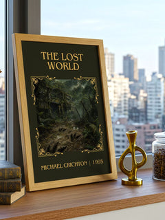The Lost World Classic Book Art Print by Michael Crichton – framed print on a city-view windowsill