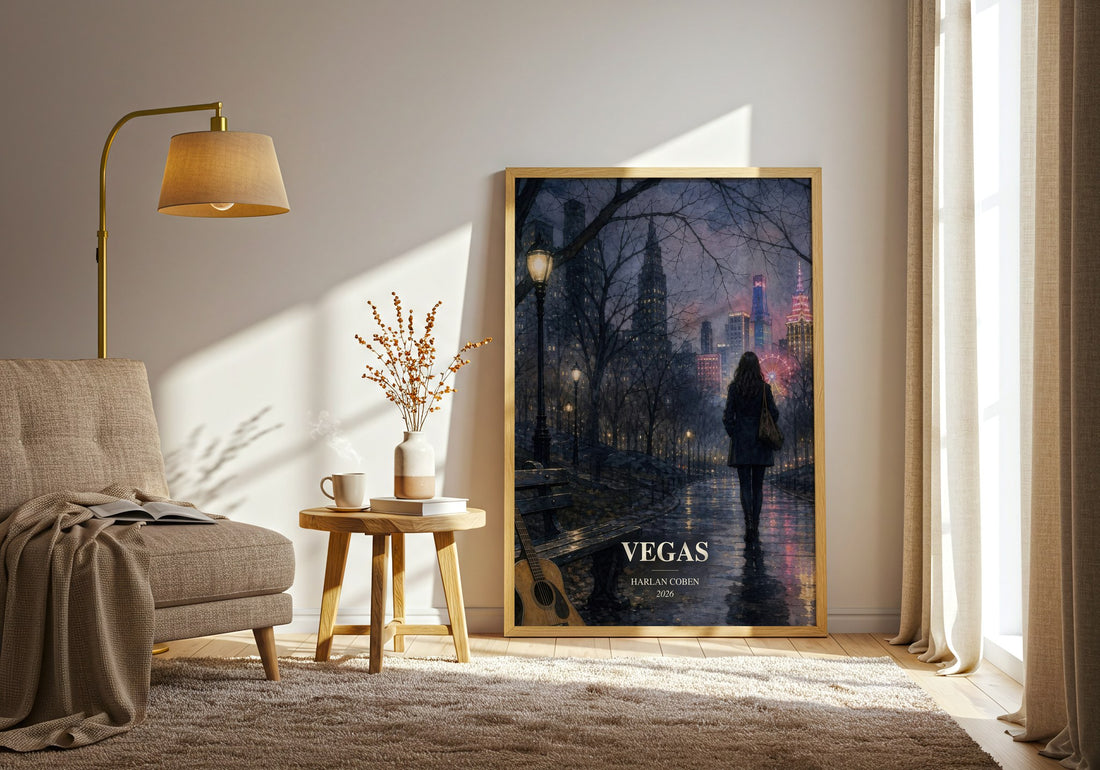 Vegas watercolour print in frame leaning in hallway – thriller wall art (mockup)