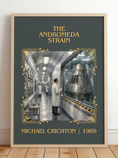 The Andromeda Strain Classic Book Art Print by Michael Crichton – framed print leaning on a wooden floor