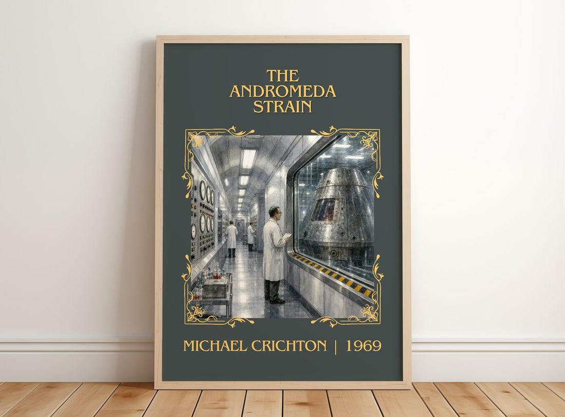 The Andromeda Strain Classic Book Art Print by Michael Crichton – framed print leaning on a wooden floor