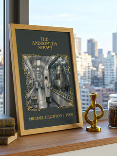 The Andromeda Strain Classic Book Art Print by Michael Crichton – framed print on a city-view windowsill