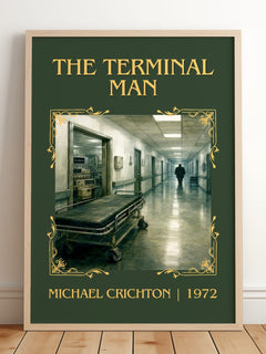 The Terminal Man Classic Book Art Print by Michael Crichton – framed print leaning on a wooden floor