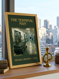 The Terminal Man Classic Book Art Print by Michael Crichton – framed print on a city-view windowsill