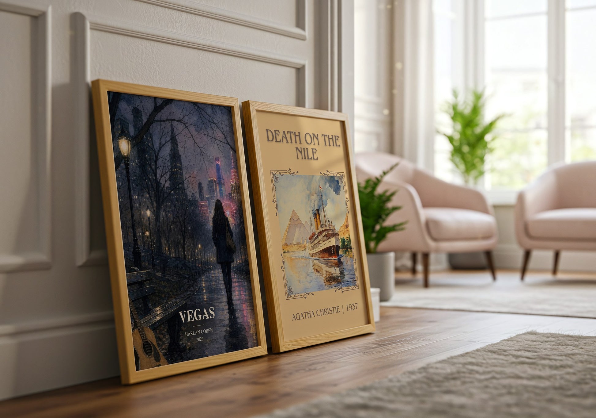 Vegas watercolour print framed by window – literary home decor