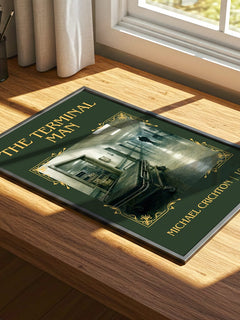 The Terminal Man Classic Book Art Print by Michael Crichton – print on a sunlit desk