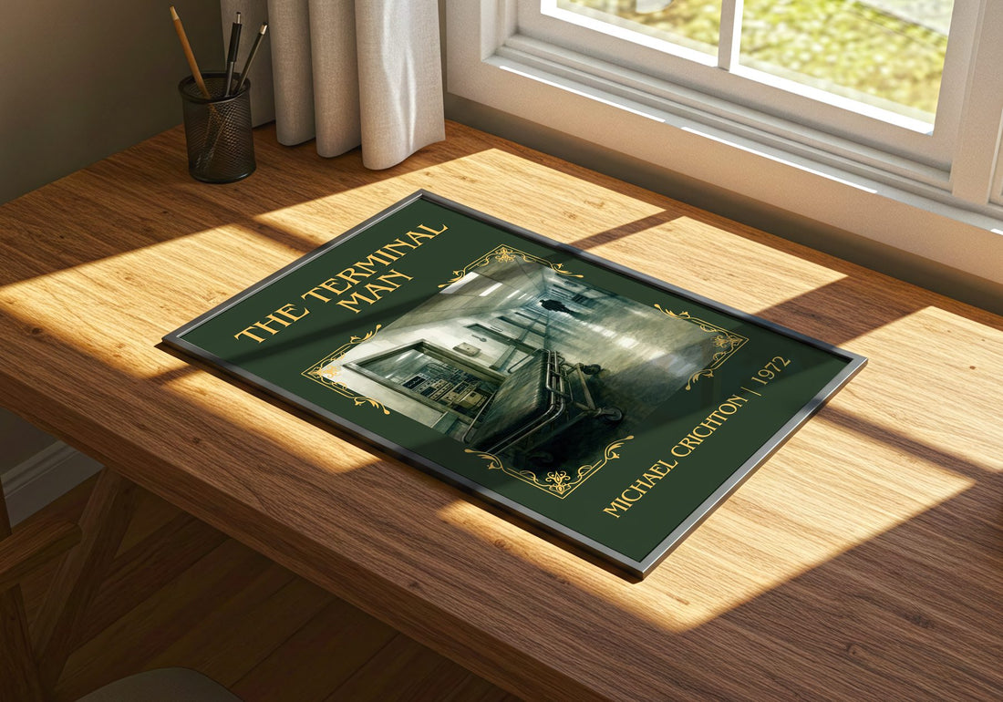 The Terminal Man Classic Book Art Print by Michael Crichton – print on a sunlit desk
