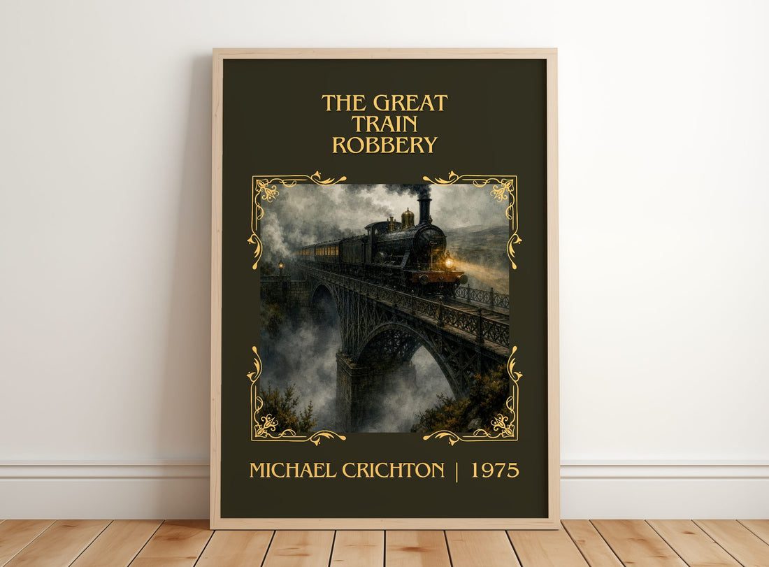 The Great Train Robbery Classic Book Art Print by Michael Crichton – framed print leaning on a wooden floor