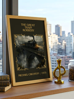 The Great Train Robbery Classic Book Art Print by Michael Crichton – framed print on a city-view windowsill