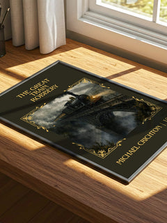 The Great Train Robbery Classic Book Art Print by Michael Crichton – print on a sunlit desk