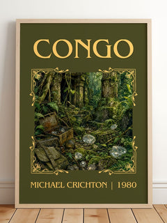 Congo Classic Book Art Print by Michael Crichton – framed print leaning on a wooden floor