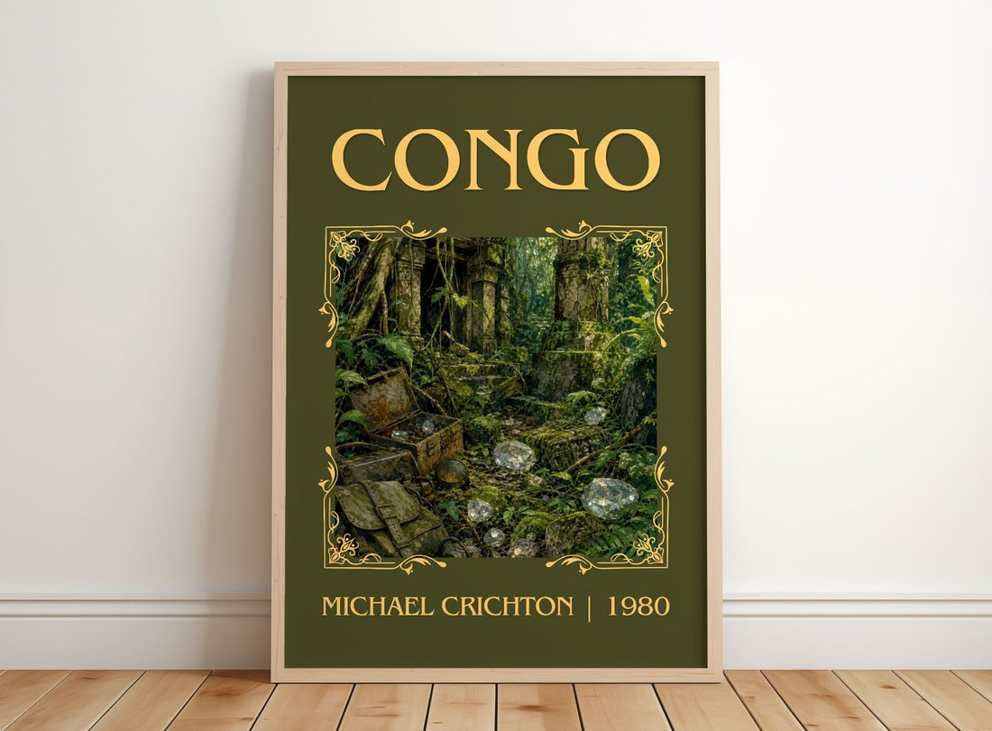 Congo Classic Book Art Print by Michael Crichton – framed print leaning on a wooden floor