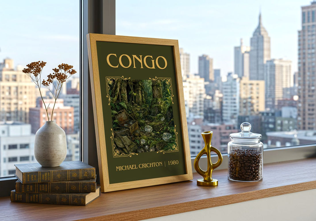Congo Classic Book Art Print by Michael Crichton – framed print on a city-view windowsill