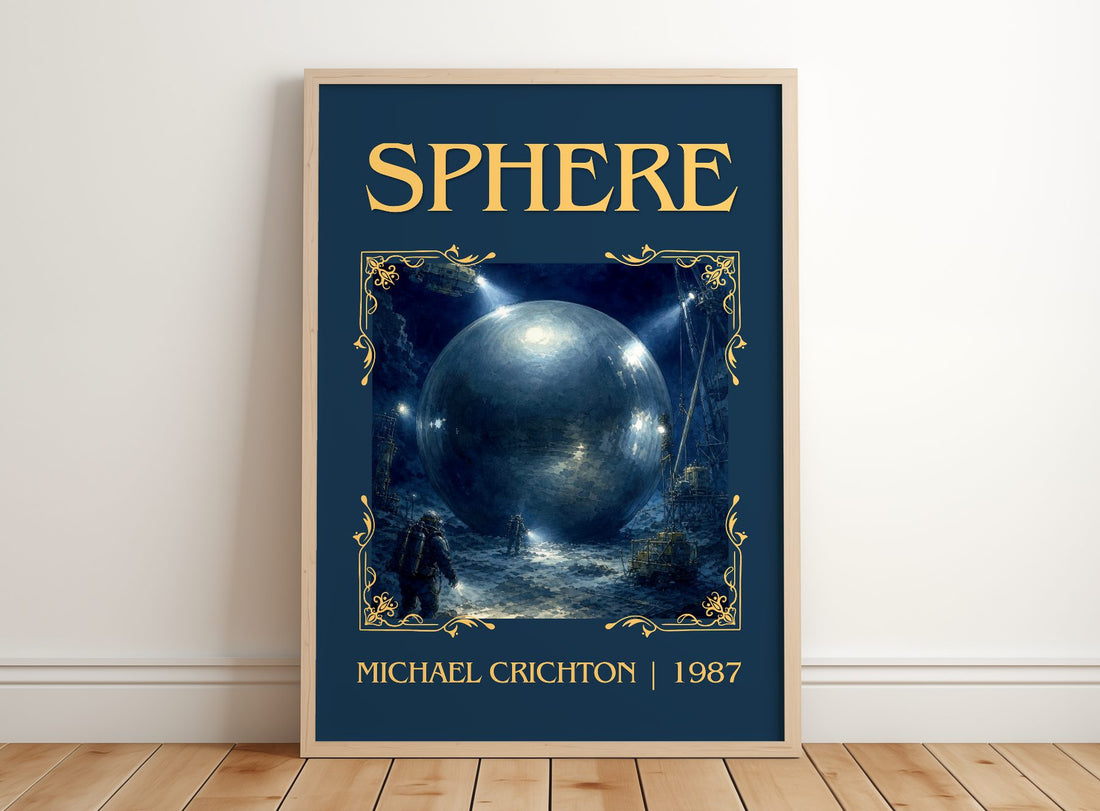 Sphere Classic Book Art Print by Michael Crichton – framed print leaning on a wooden floor