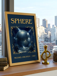 Sphere Classic Book Art Print by Michael Crichton – framed print on a city-view windowsill