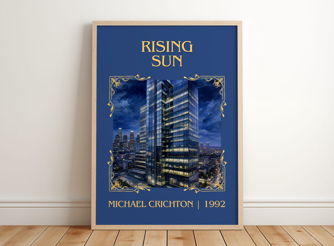 Rising Sun Classic Book Art Print by Michael Crichton – framed print leaning on a wooden floor