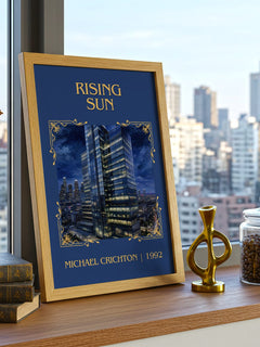 Rising Sun Classic Book Art Print by Michael Crichton – framed print on a city-view windowsill