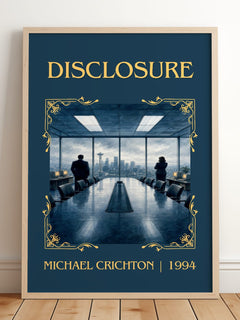 Disclosure Classic Book Art Print by Michael Crichton – framed print leaning on a wooden floor