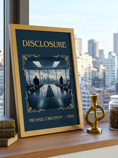 Disclosure Classic Book Art Print by Michael Crichton – framed print on a city-view windowsill
