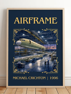 Airframe Classic Book Art Print by Michael Crichton – framed print leaning on a wooden floor