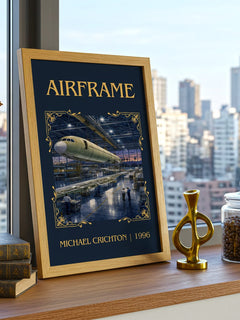 Airframe Classic Book Art Print by Michael Crichton – framed print on a city-view windowsill