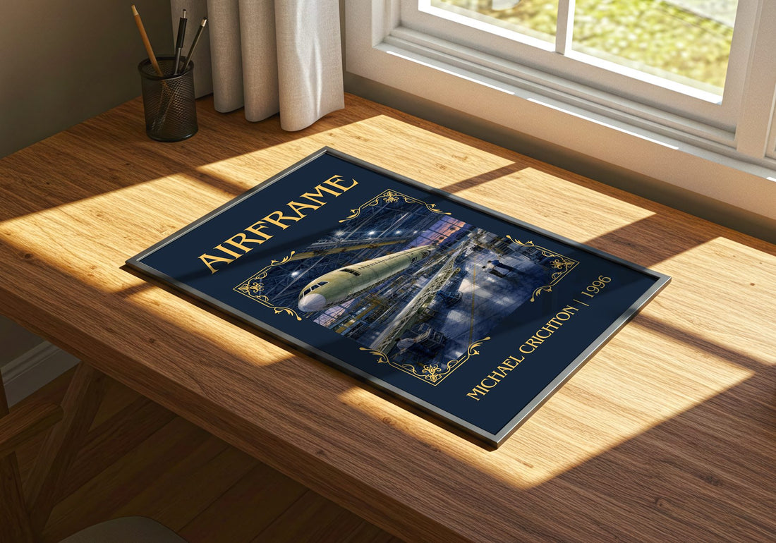 Airframe Classic Book Art Print by Michael Crichton – print on a sunlit desk